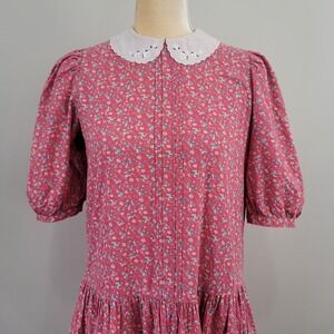 Vintage 80s LAURA ASHLEY Size 12 Cottagecore Floral Prairie Dress Lace Collar